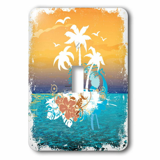 3dRose lsp_152566_1 A Pretty Island Scene with Palm Trees and Tropical Flowers in Orange and Blue Single Toggle Switch 